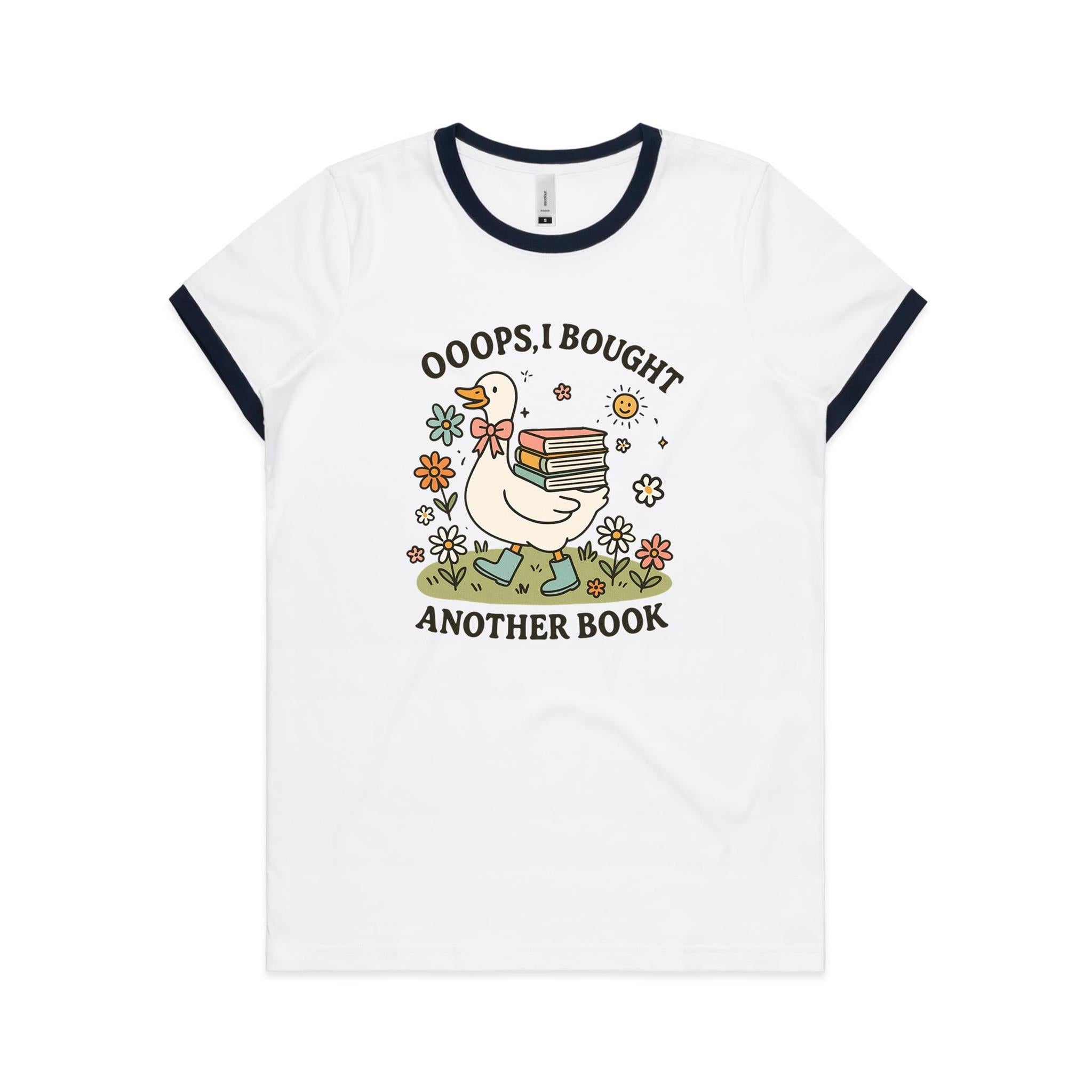 Oops, I Bought Another Book - Women's Ringer Tee White Navy Womens Ringer T-shirt animal Printed In Australia Reading