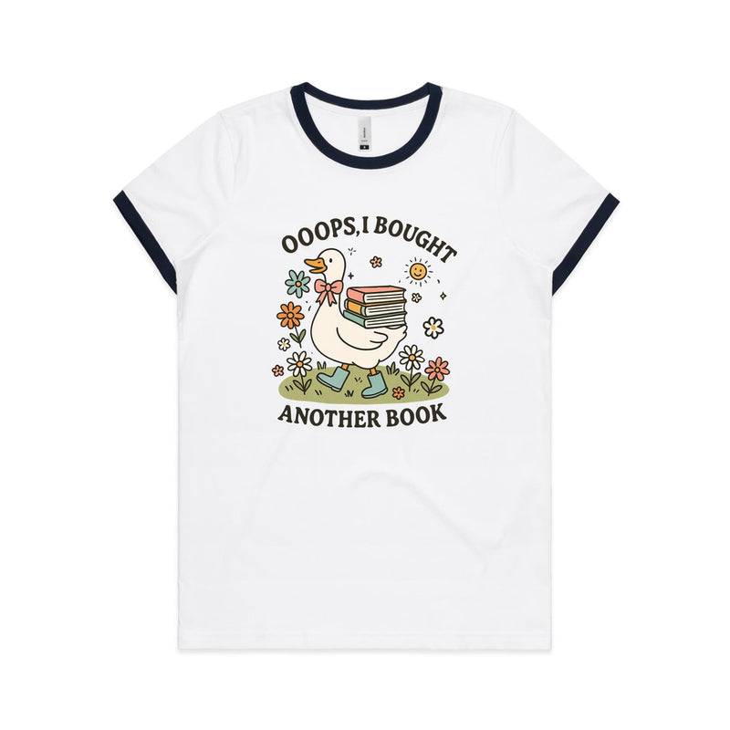 Oops, I Bought Another Book - Women's Ringer Tee White Navy Womens Ringer T-shirt animal Printed In Australia Reading