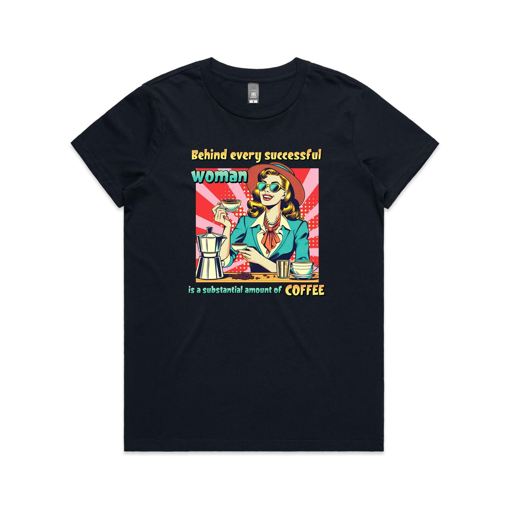 Retro Coffee Woman Women's AS Colour T-shirt Navy Womens T-shirt Coffee Printed In Australia Retro
