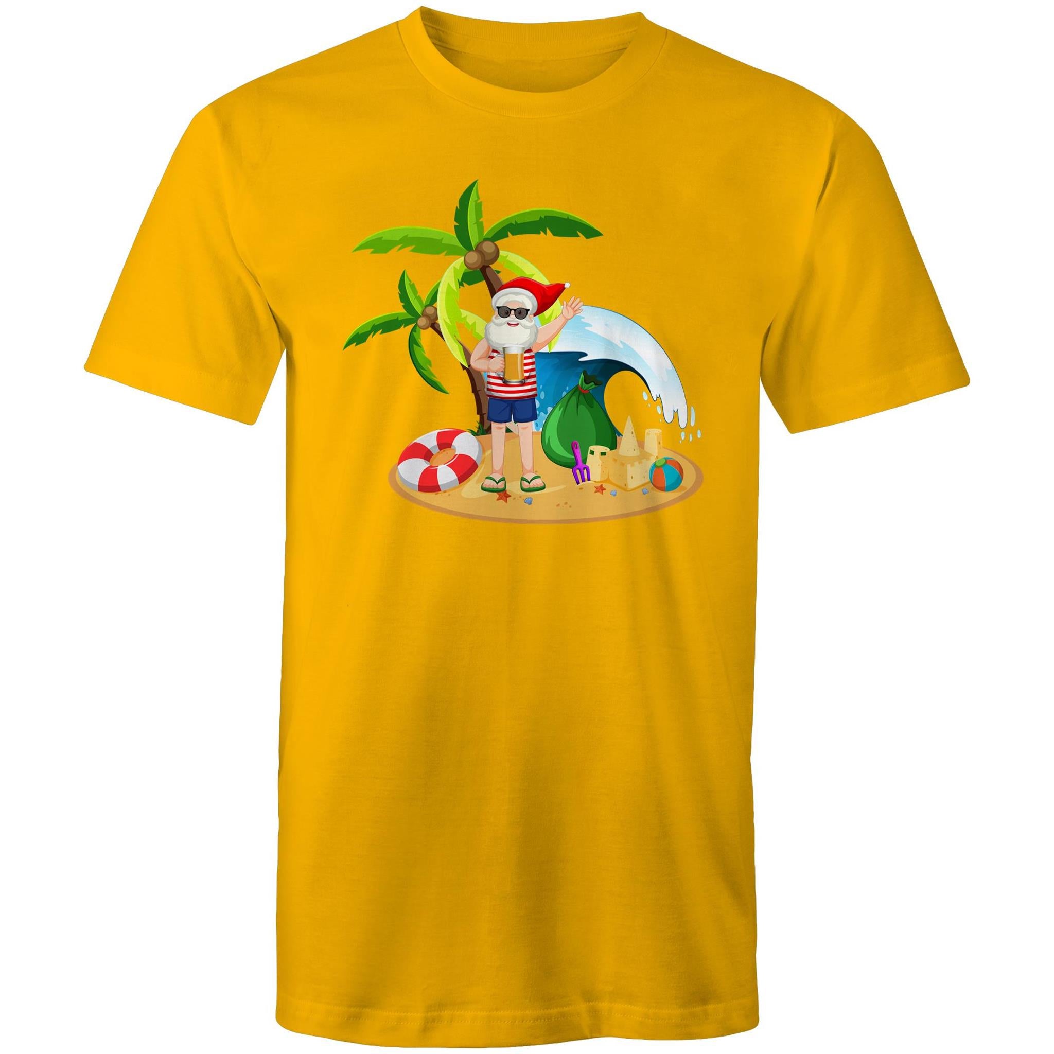 Surf Summer Santa - Mens T-Shirt Gold Mens Christmas T-shirt Christmas Printed In Australia