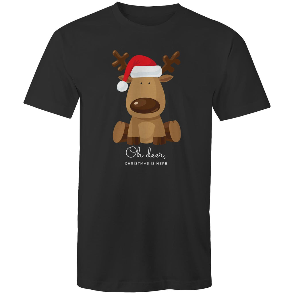 Oh Deer, Christmas Is Here, Reindeer - Mens T-Shirt Black Mens Christmas T-shirt Christmas Printed In Australia
