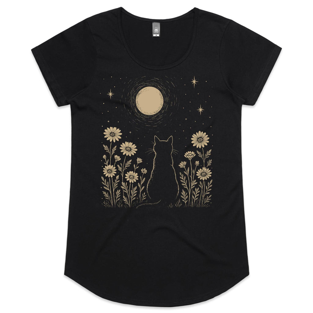 Whimsical Cat And Moon Women's AS Colour Scoop Neck T-Shirt Black Womens Scoop Neck T-shirt animal Printed In Australia