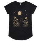Whimsical Cat And Moon Women's AS Colour Scoop Neck T-Shirt Black Womens Scoop Neck T-shirt animal Printed In Australia