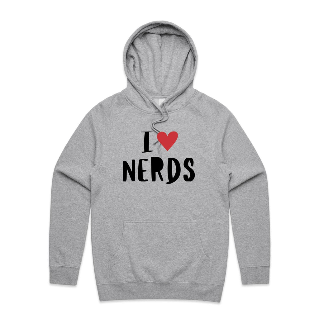 I Love Nerds, Red Heart - Mens Hoodie Grey Marle Mens Hoodie Printed In Australia