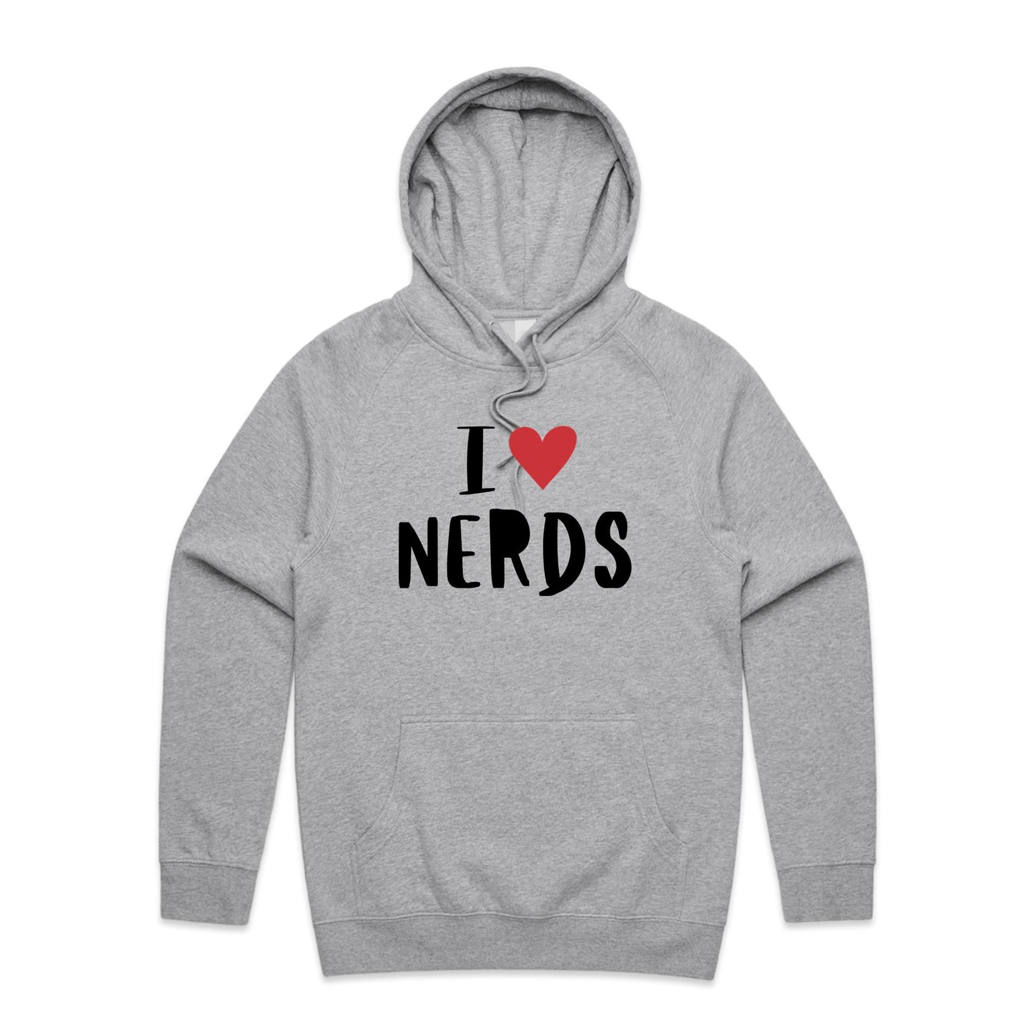 I Love Nerds, Red Heart - Mens Hoodie Grey Marle Mens Hoodie Printed In Australia