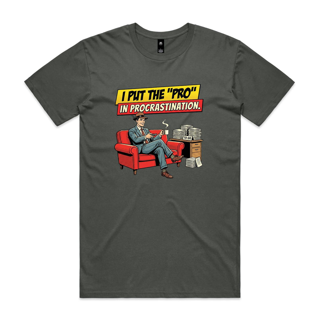 I Put The Pro In Procrastination, Retro Gentleman Men's AS Colour T-shirt Charcoal Mens T-shirt comic Printed In Australia