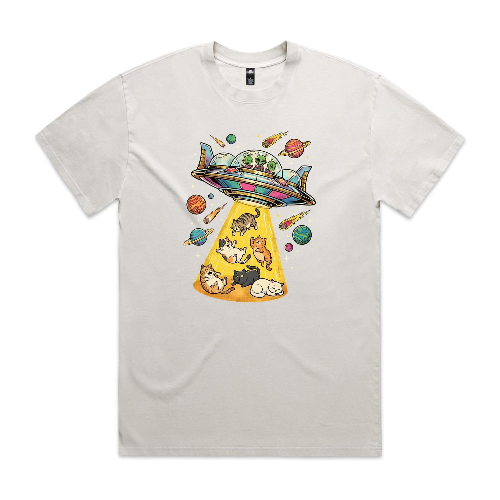 UFO Cat Abduction AS Colour Heavy Faded Tee Unisex Faded bone Heavy Faded T-shirt animal Printed In Australia Sci Fi