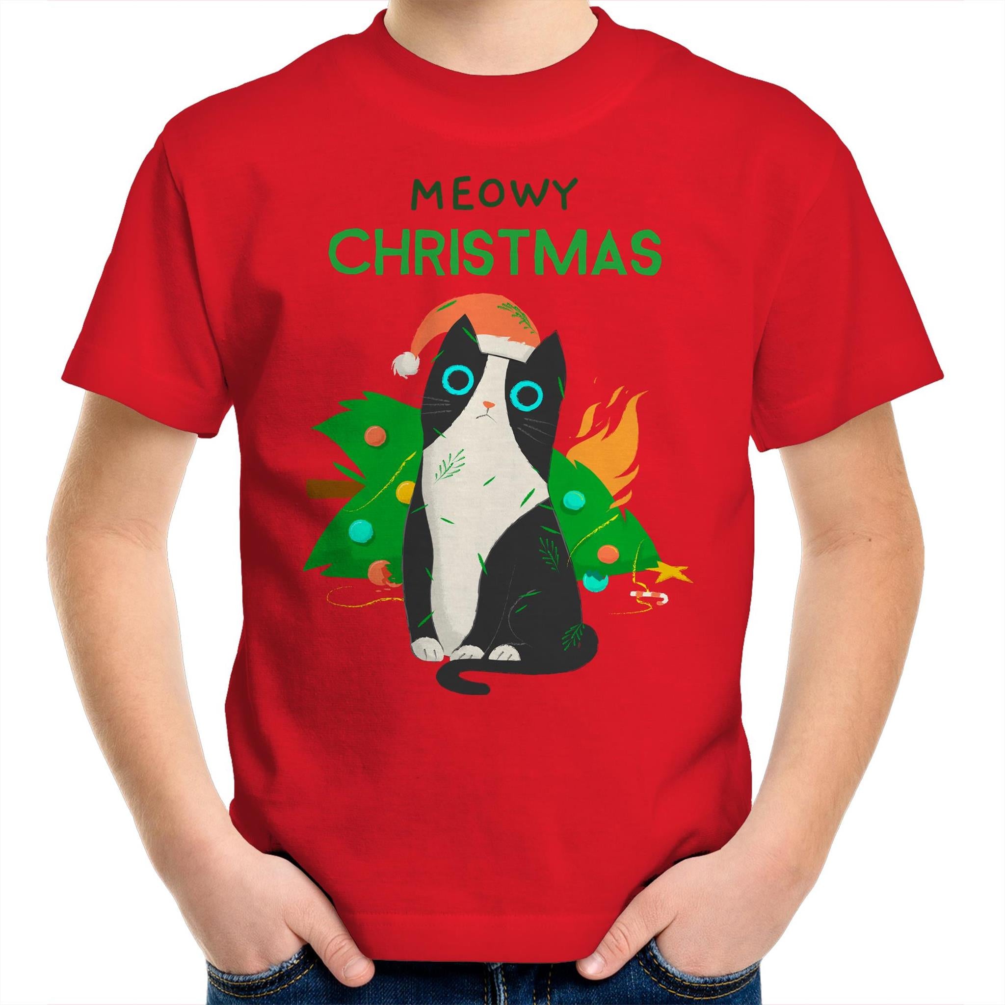 Meowy Christmas - Kids Youth T-Shirt Red Kids Christmas T-shirt Christmas Printed In Australia