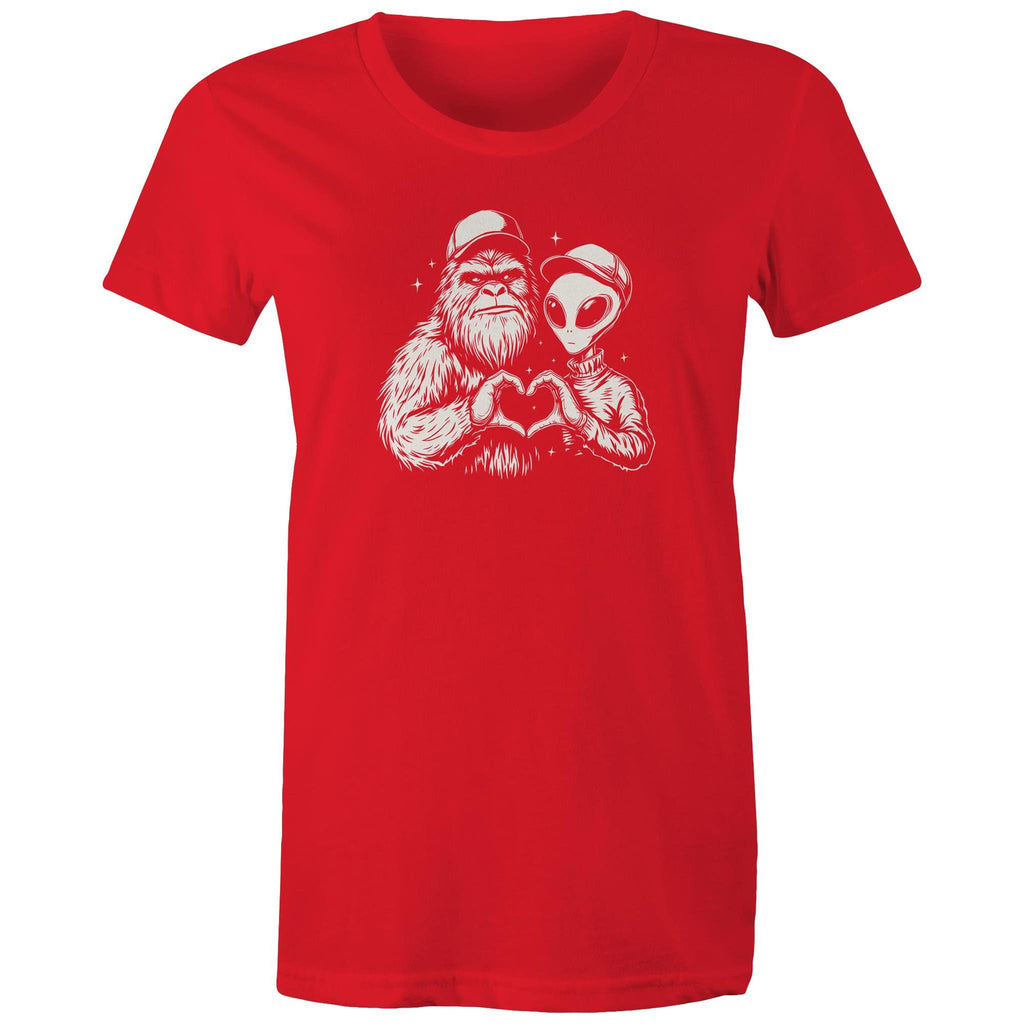 Alien Bigfoot Heart Hands - Womens T-shirt Red Womens T-shirt Love Printed In Australia Sci Fi