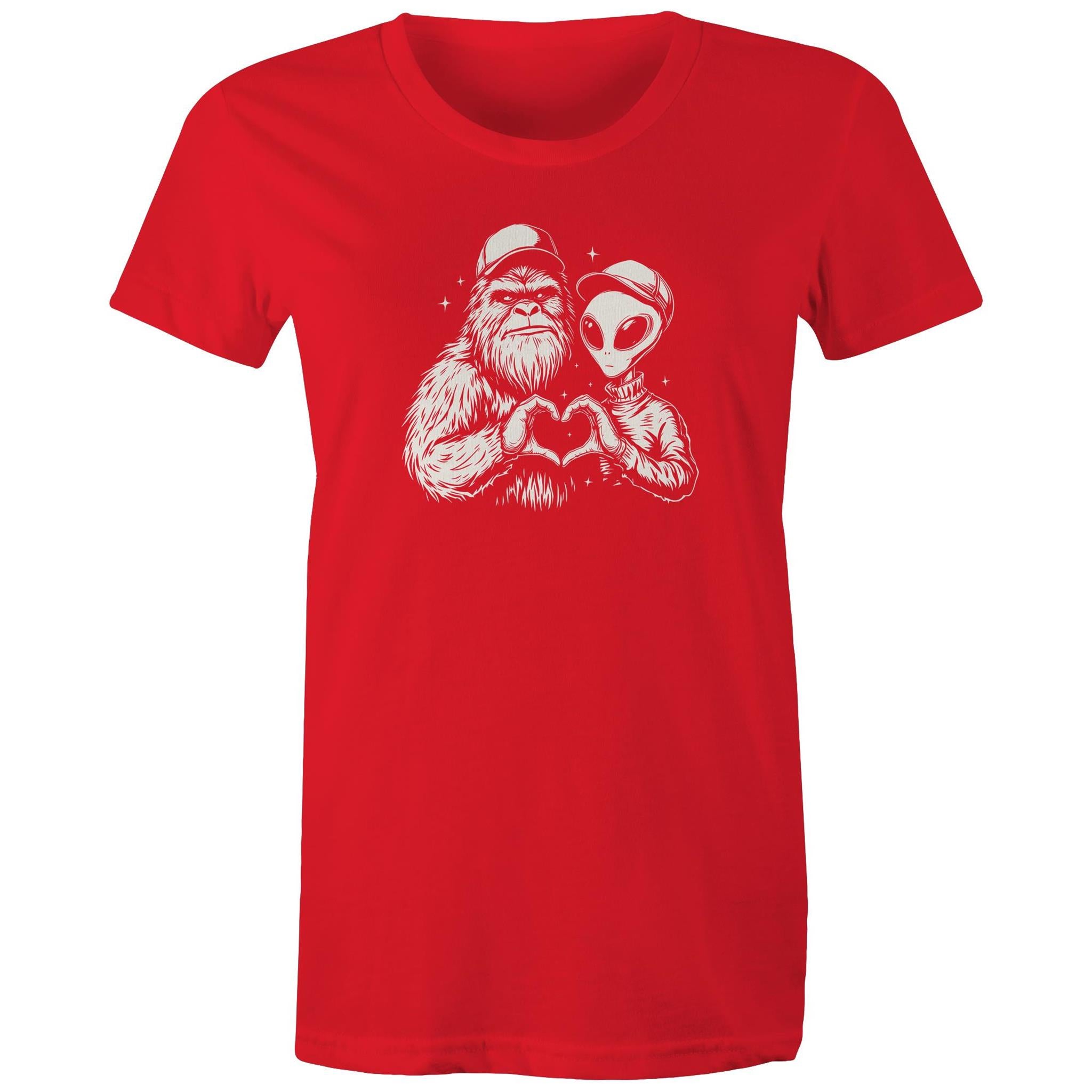 Alien Bigfoot Heart Hands - Womens T-shirt Red Womens T-shirt Love Printed In Australia Sci Fi