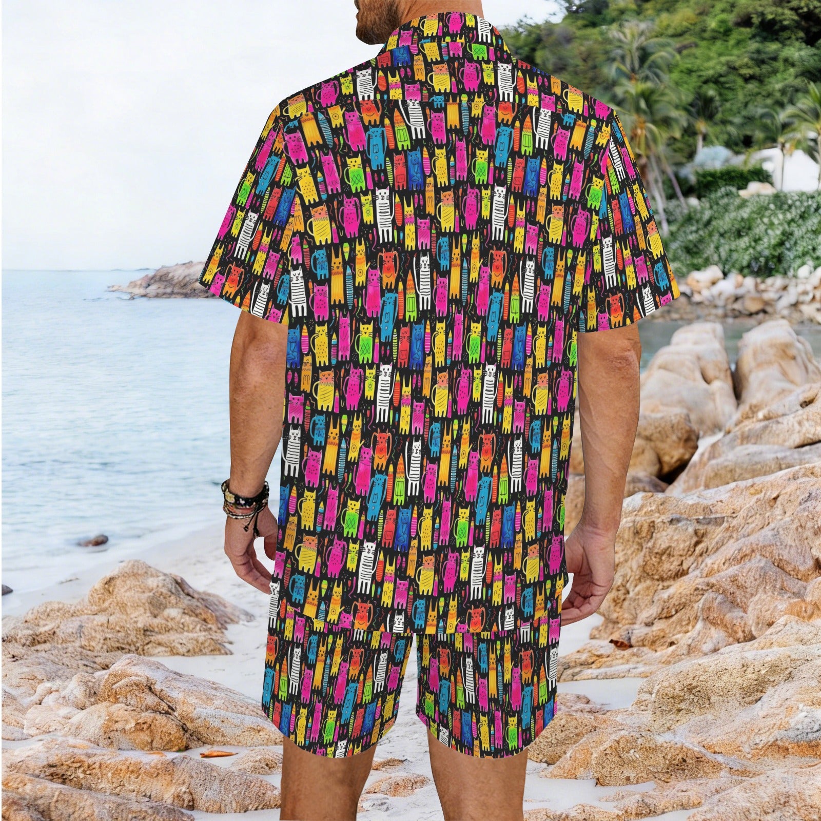 Colourful Cats Men's Hawaiian Shirt & Shorts Set Men's Hawaiian Shirt & Shorts Set animal Printed Offshore