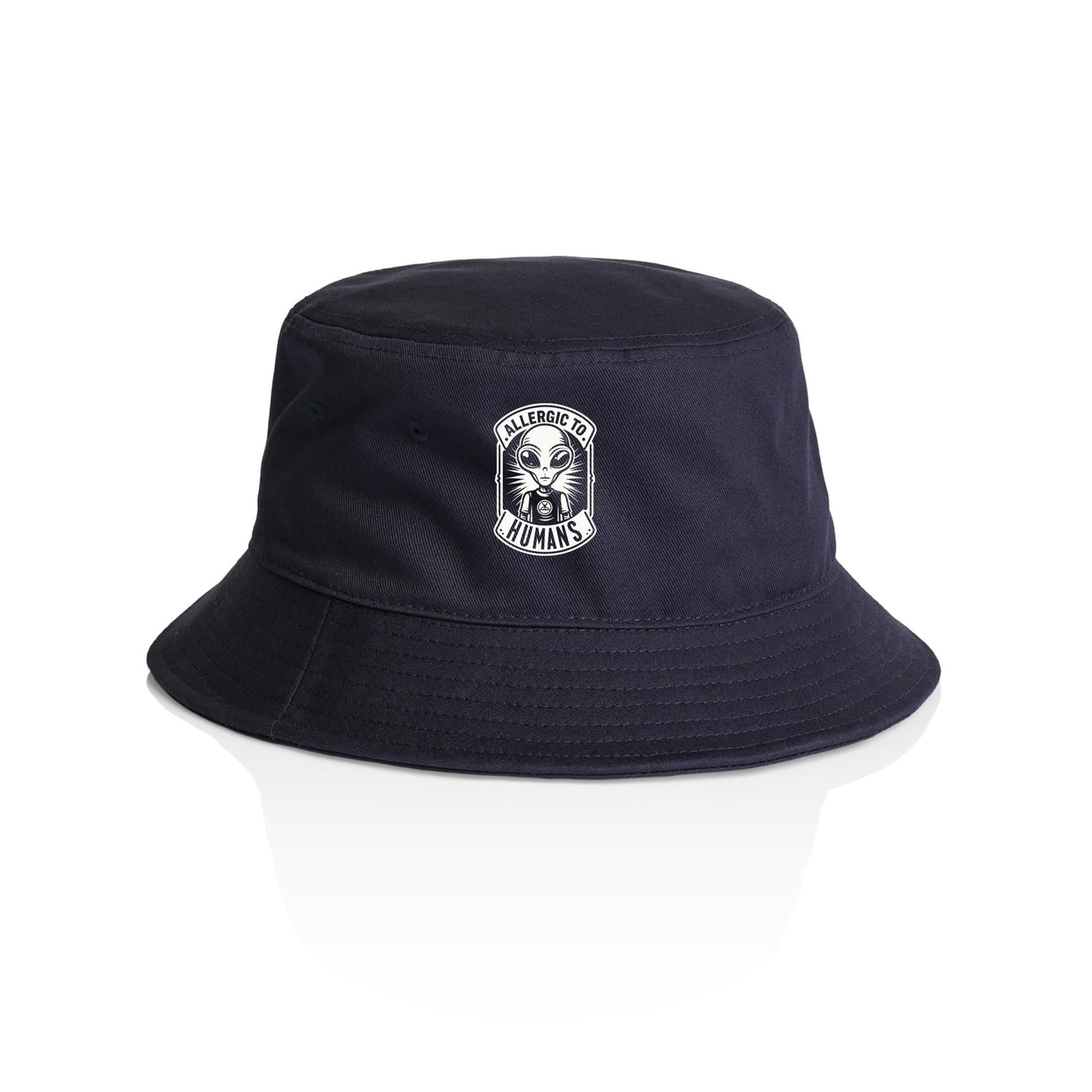 Alien, Allergic To Humans - AS Colour Bucket Hat Navy One Size As Colour Bucket Hat Printed In Australia Sci Fi