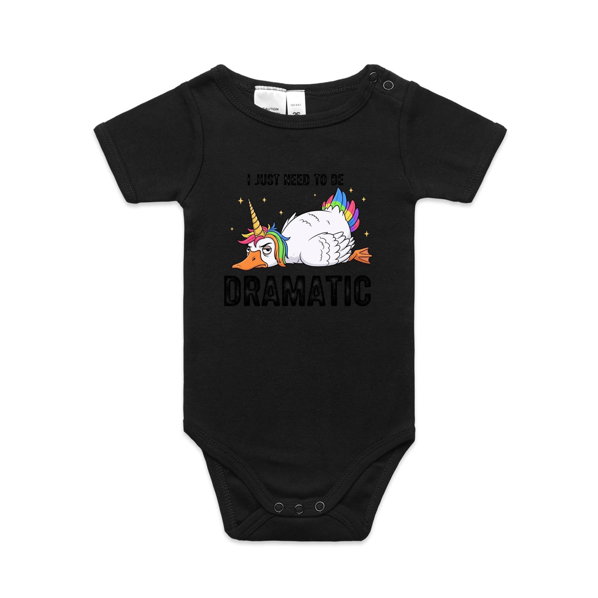 Dramatic Unicorn Goose AS Colour Baby Bodysuit Black Baby Bodysuit animal Printed In Australia