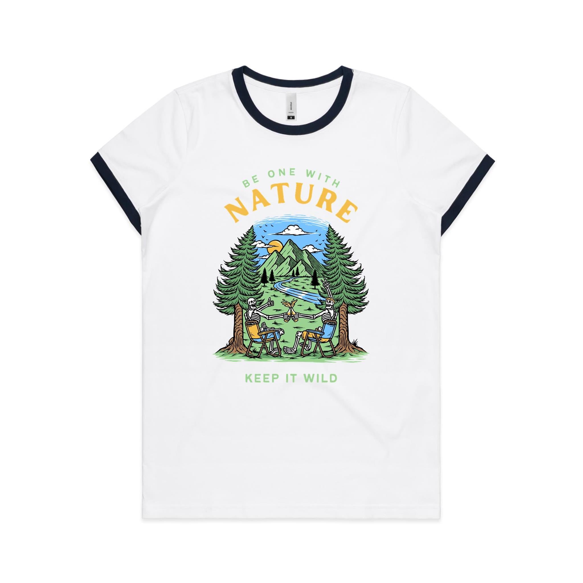 Be One With Nature, Skeleton - Women's Ringer Tee White Navy Womens Ringer T-shirt Printed In Australia