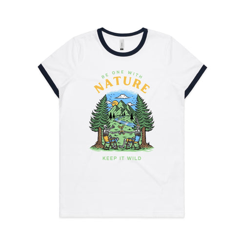 Be One With Nature, Skeleton - Women's Ringer Tee White Navy Womens Ringer T-shirt Printed In Australia
