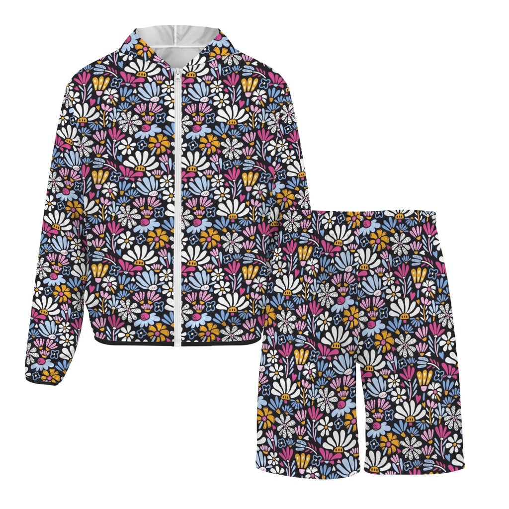 Graphic Flowers On Black Men's Lightweight Sun Hoodie & Shorts Set Men's Lightweight Sun Hoodie & Shorts Plants Printed Offshore