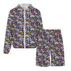 Graphic Flowers On Black Men's Lightweight Sun Hoodie & Shorts Set Men's Lightweight Sun Hoodie & Shorts Plants Printed Offshore
