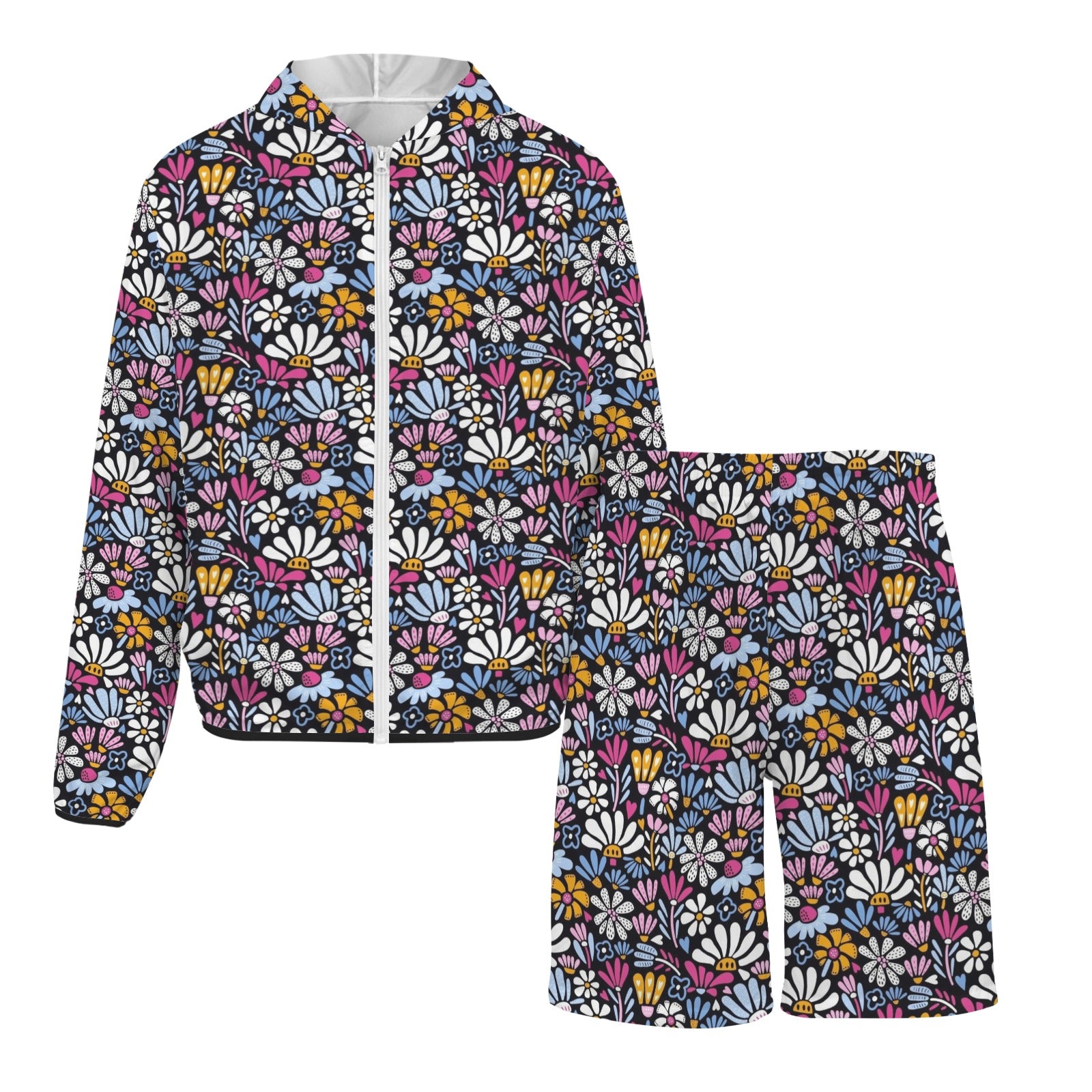 Graphic Flowers On Black Men's Lightweight Sun Hoodie & Shorts Set Men's Lightweight Sun Hoodie & Shorts Plants Printed Offshore