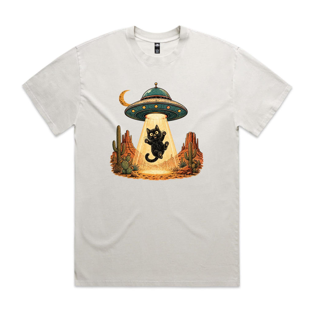 Black Cat Alien UFO Abduction AS Colour Heavy Faded Tee Faded bone Heavy Faded T-shirt animal Printed In Australia Sci Fi