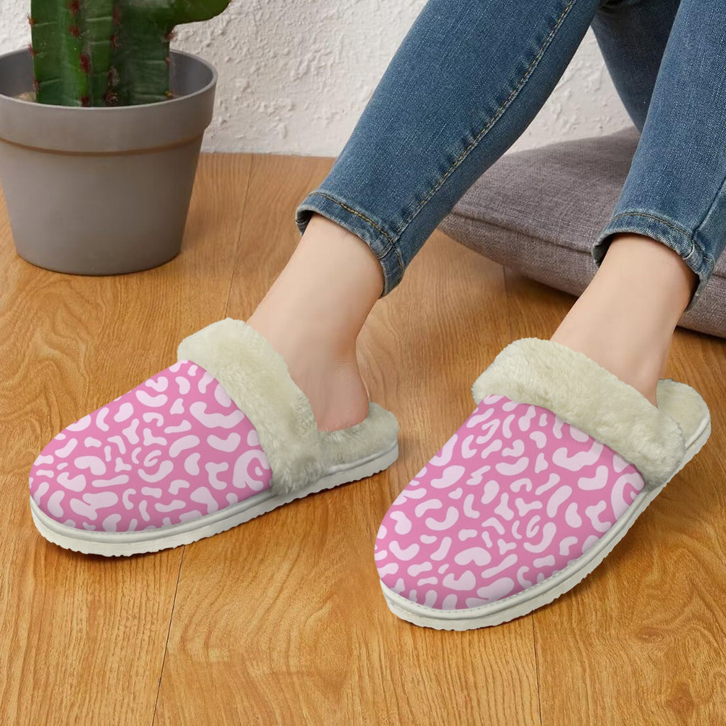 Pink Leopard Women's Fur Trim Thick-Sole Indoor Slippers Women's Fur Trimmed Slippers animal Printed Offshore