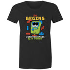 Fun Begins With The Press OF A Button, Game - Womens T-shirt Black Womens T-shirt Games Printed In Australia