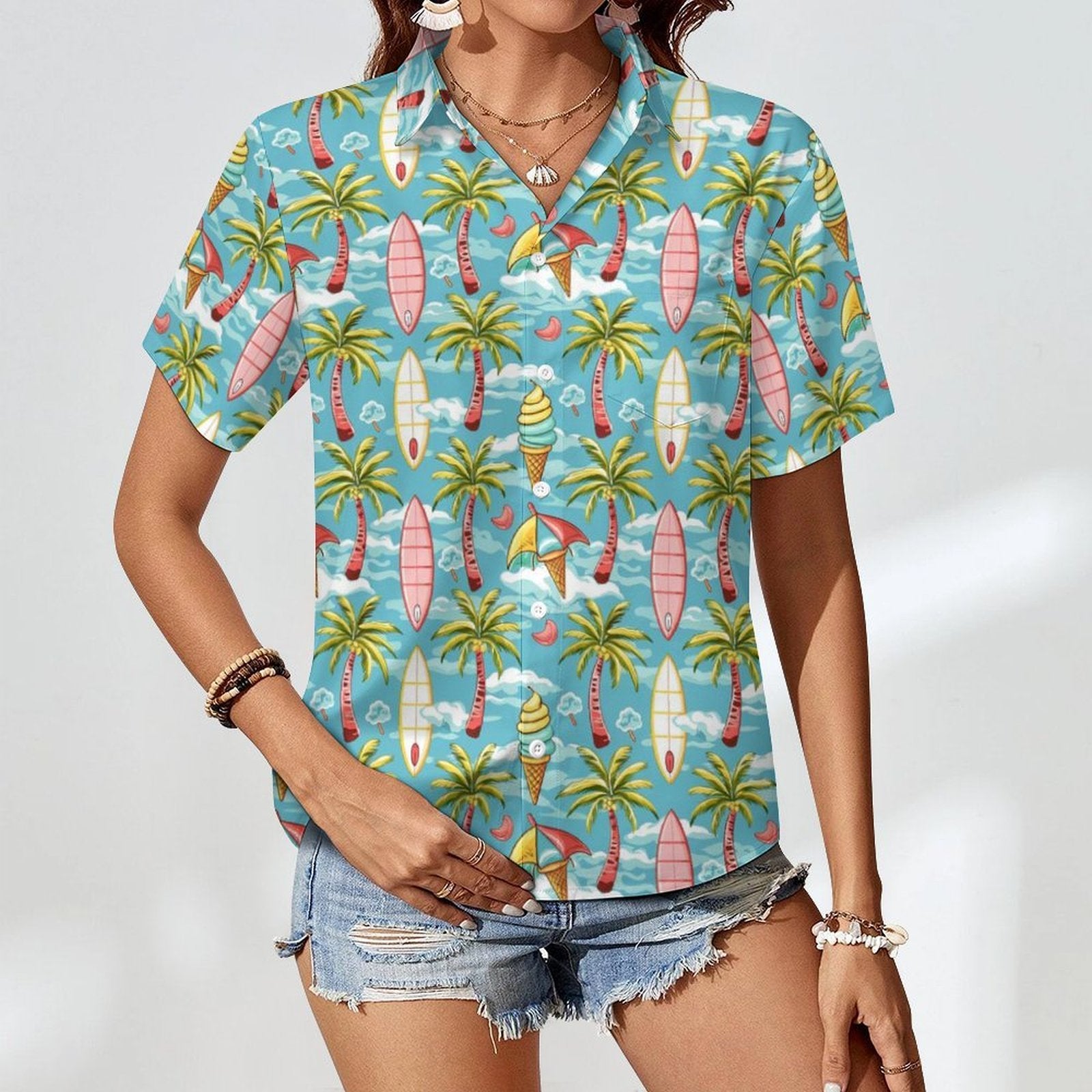 Summer Surf Women's Short-Sleeve Button Up Shirt Women's Short-Sleeve Button Up Shirt Printed Offshore Surf
