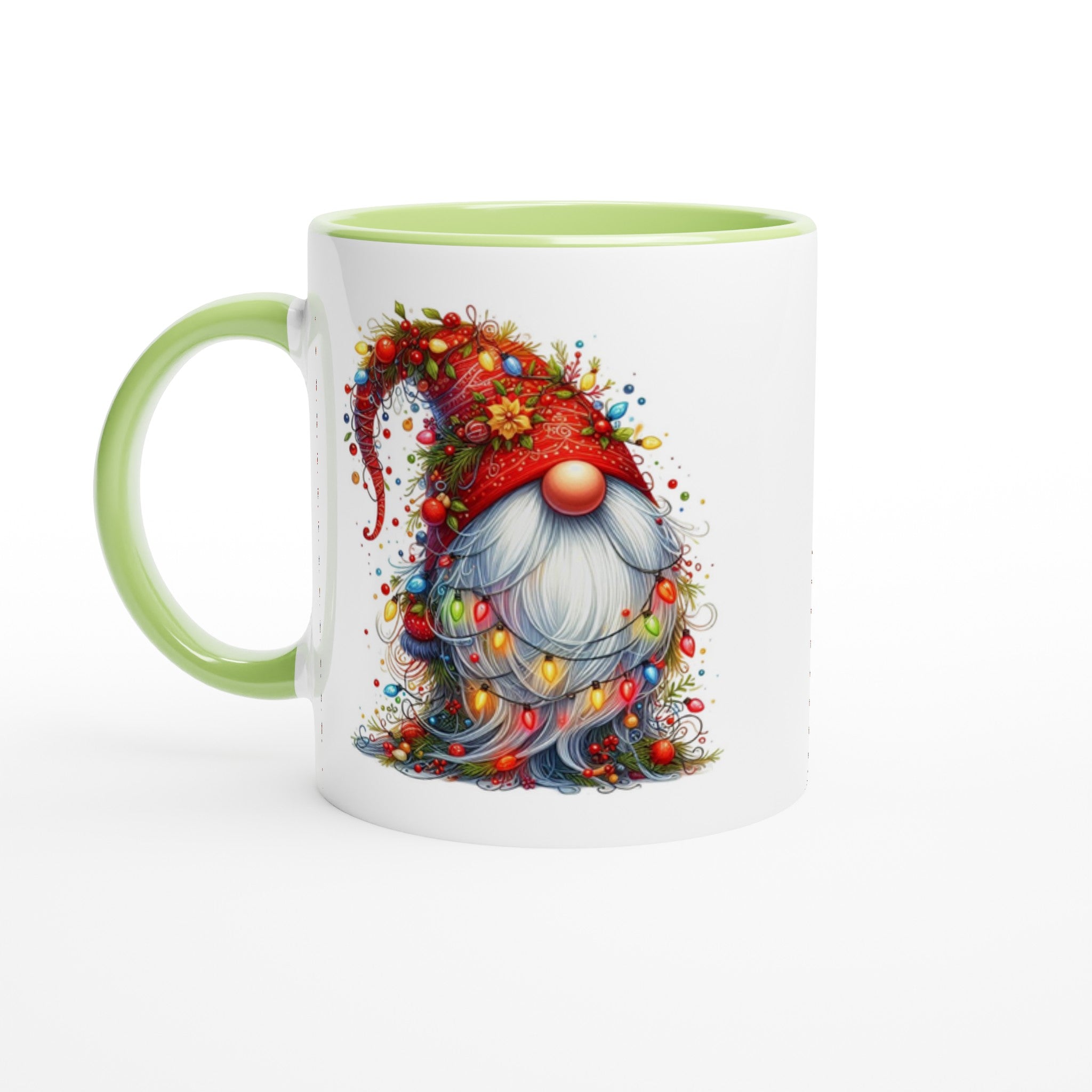 Christmas Gnome Wrapped In Lights - White 11oz Ceramic Mug with Colour Inside Ceramic Green Christmas Colour Mug Christmas Globally Fulfilled