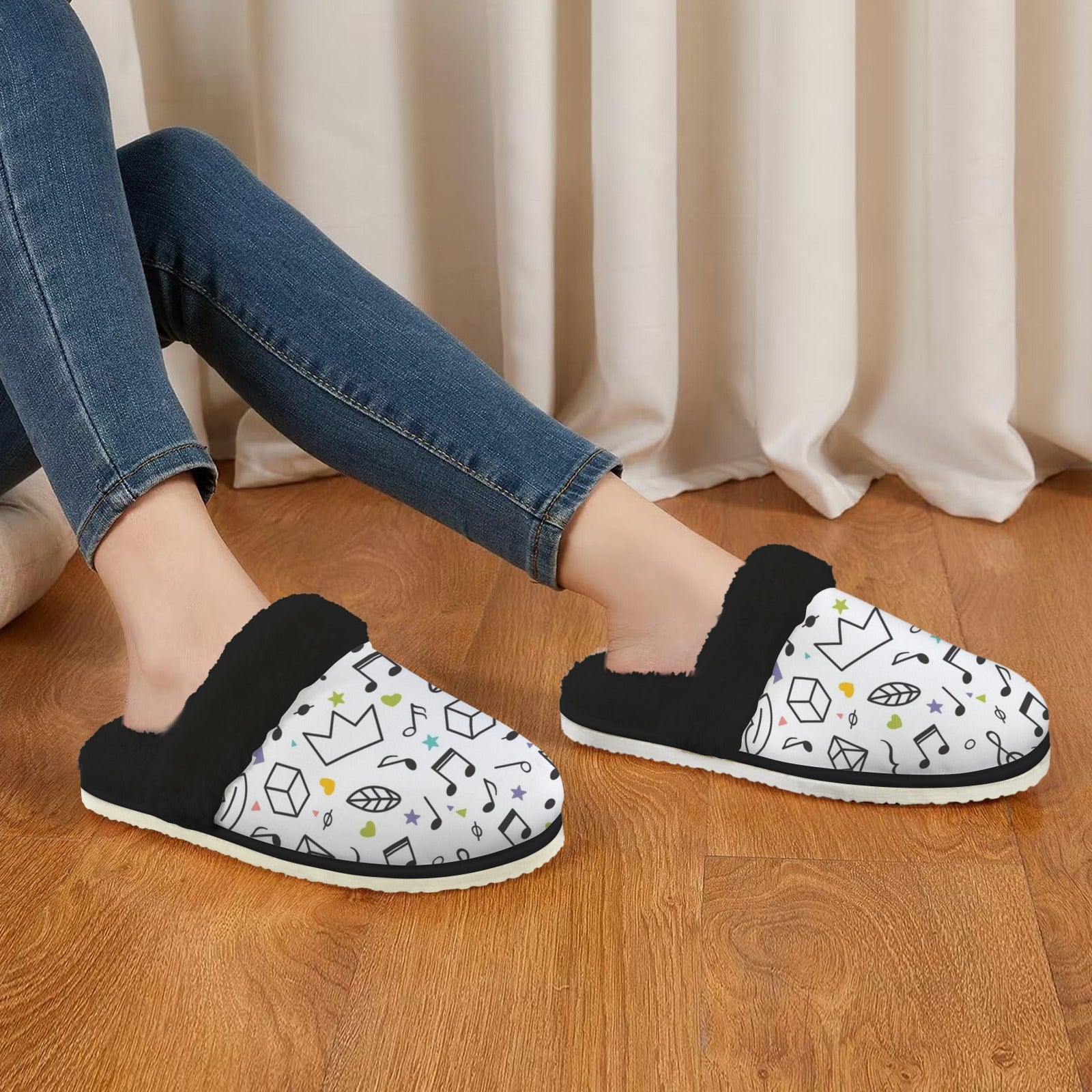 Music Time Women's Fur Trim Thick-Sole Indoor Slippers Women's Fur Trimmed Slippers Music Printed Offshore