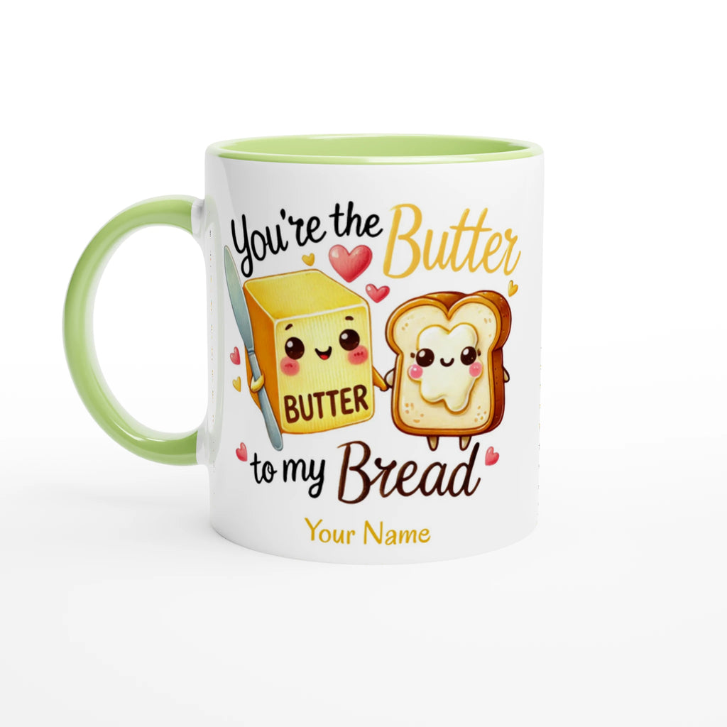 Personalised - You're The Butter To My Bread, Valentine - White 11oz Ceramic Mug with Colour Inside Ceramic Green Personalised 11oz Mug