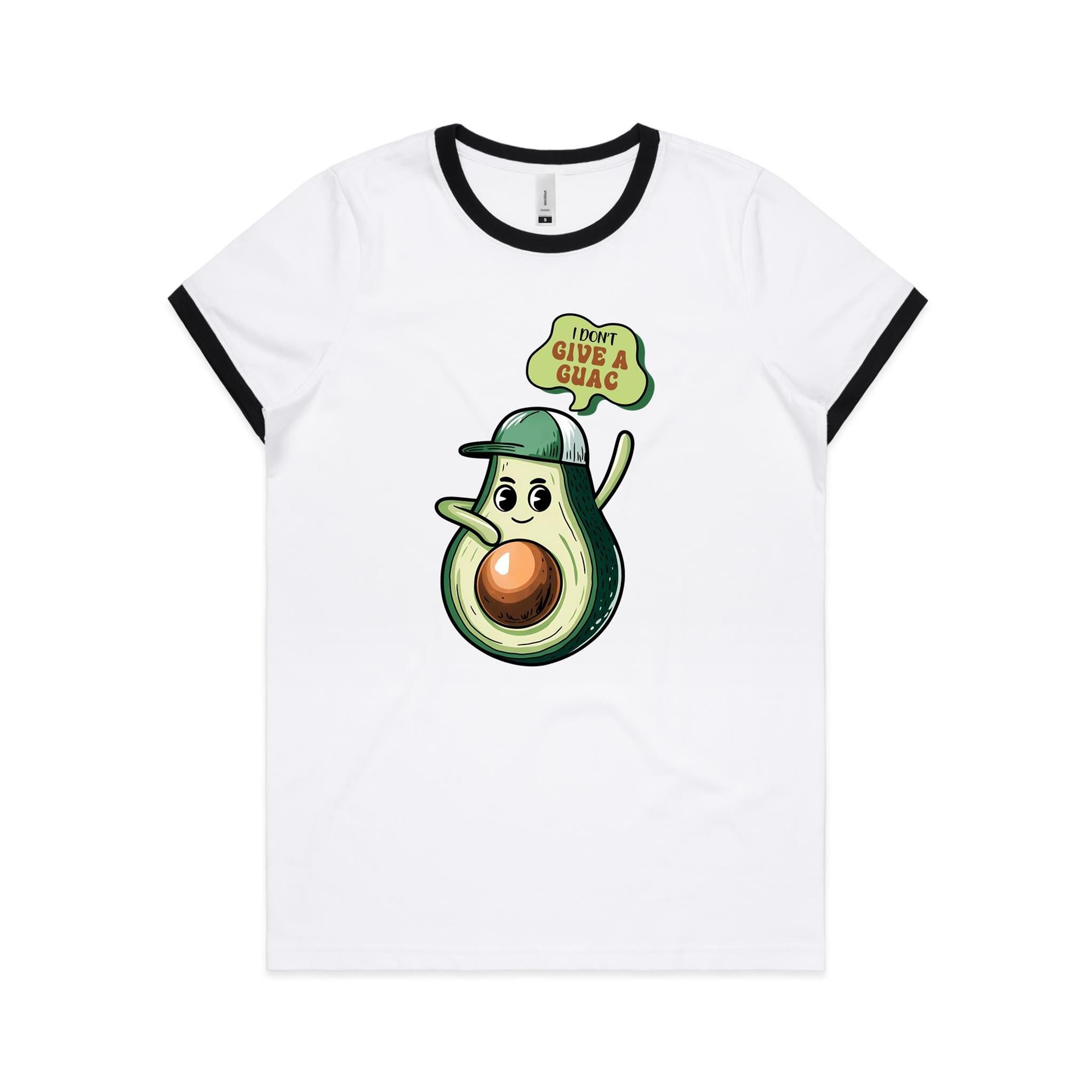 Avocado, I Don't Give A Guac - Women's Ringer Tee White Black Womens Ringer T-shirt Food Printed In Australia