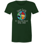 Save Earth, It's The Only Planet With Cake - Womens T-shirt Forest Green Womens T-shirt Environment Food Printed In Australia