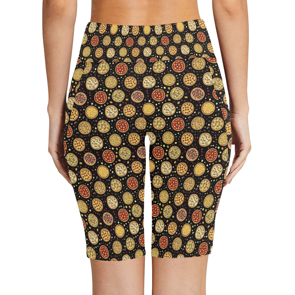 Round Pizzas On Black Women's Bike Shorts With Side Pockets
