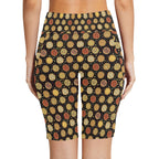 Round Pizzas On Black Women's Bike Shorts With Side Pockets