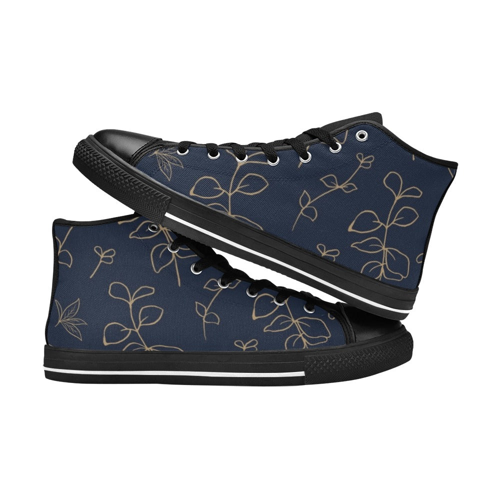 Gold Flowers On Navy - Men's High Top Canvas Shoes
