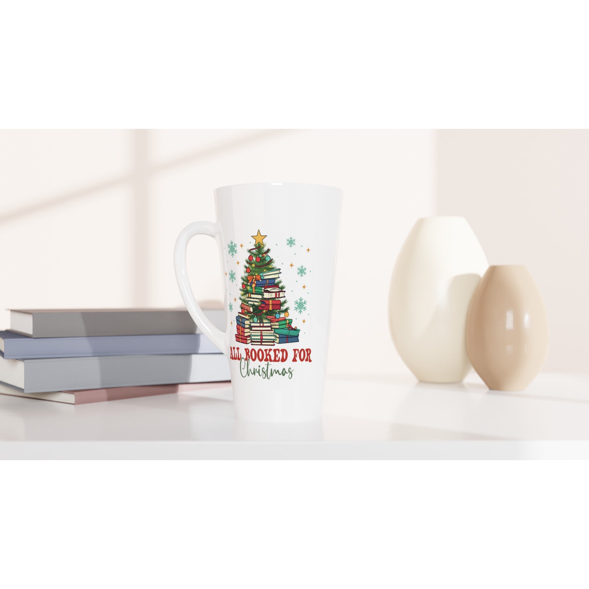 All Booked For Christmas White Latte 17oz Ceramic Mug Latte Mug