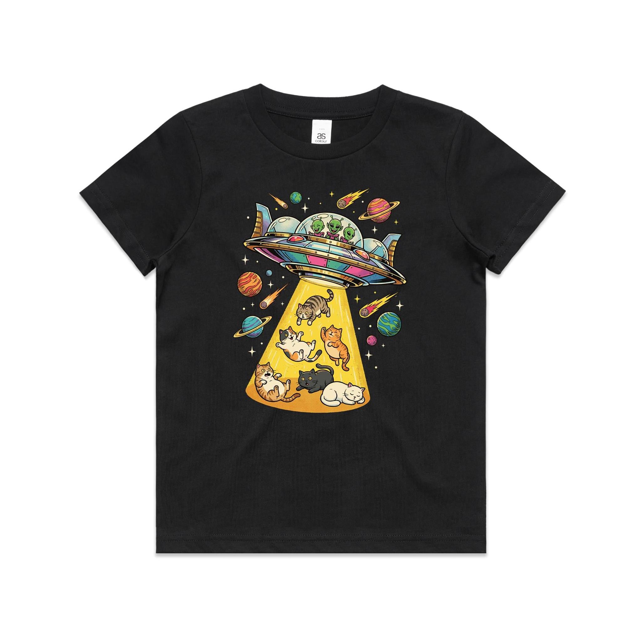 UFO Cat Abduction - Kid's AS Colour T-shirt Black Kids Youth T-shirt animal Printed In Australia Sci Fi
