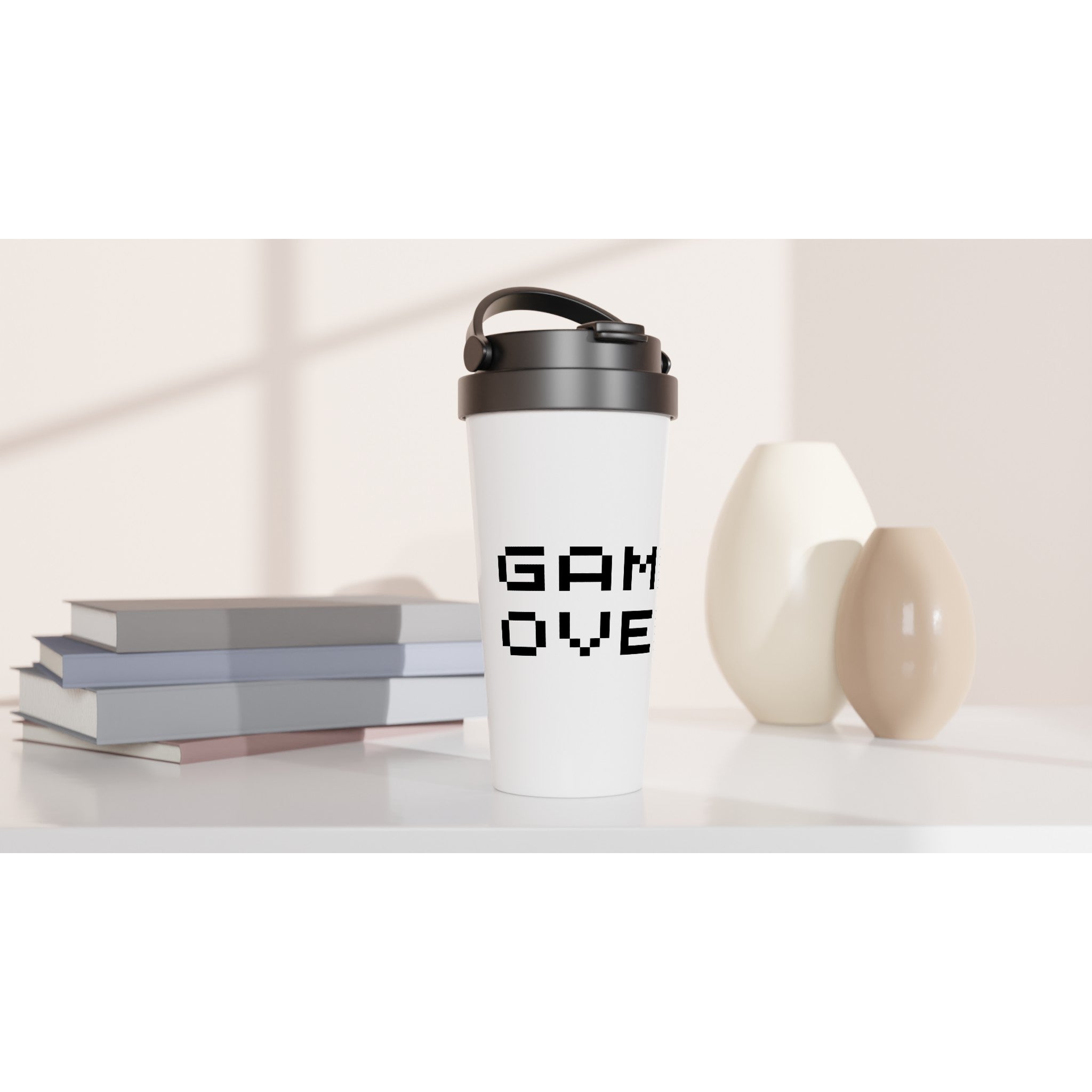 Game Over - White 15oz Stainless Steel Travel Mug Travel Mug Games Globally Fulfilled