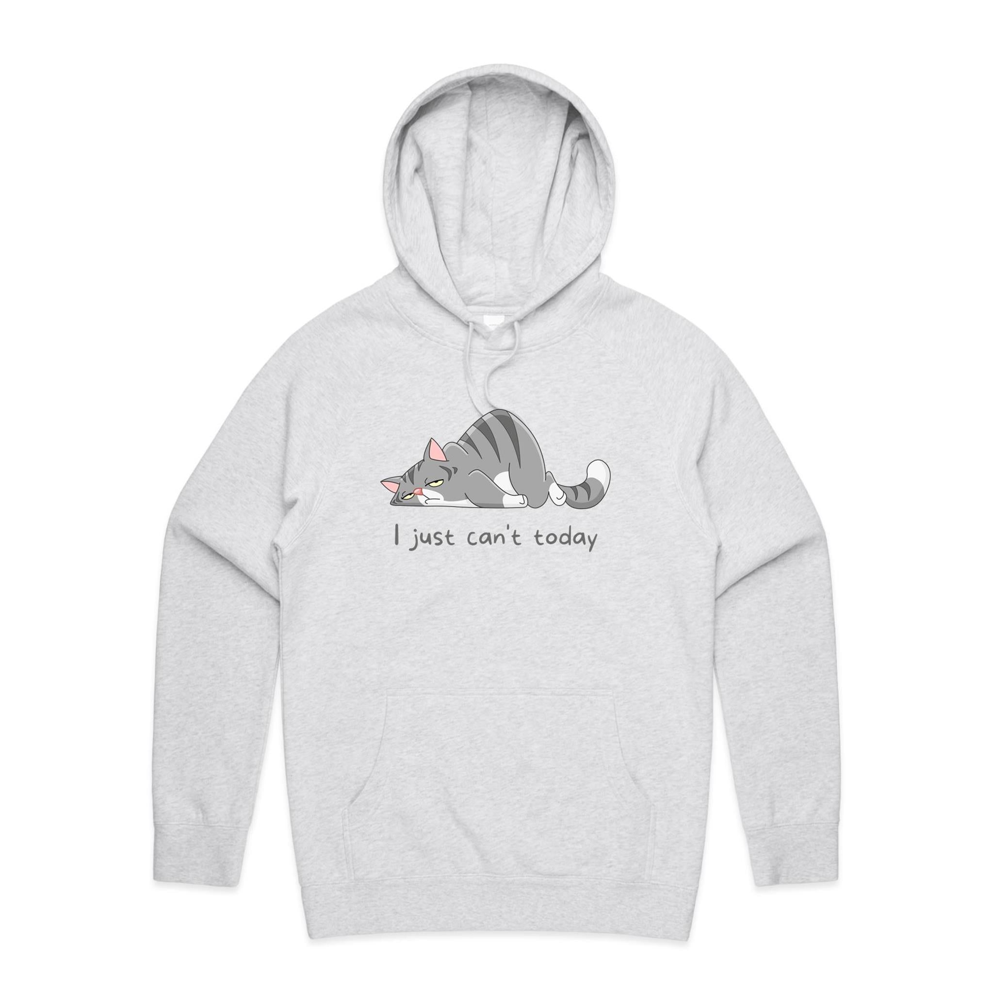 Cat, I Just Can't Today - Mens Hoodie White Marle Mens Hoodie animal Printed In Australia