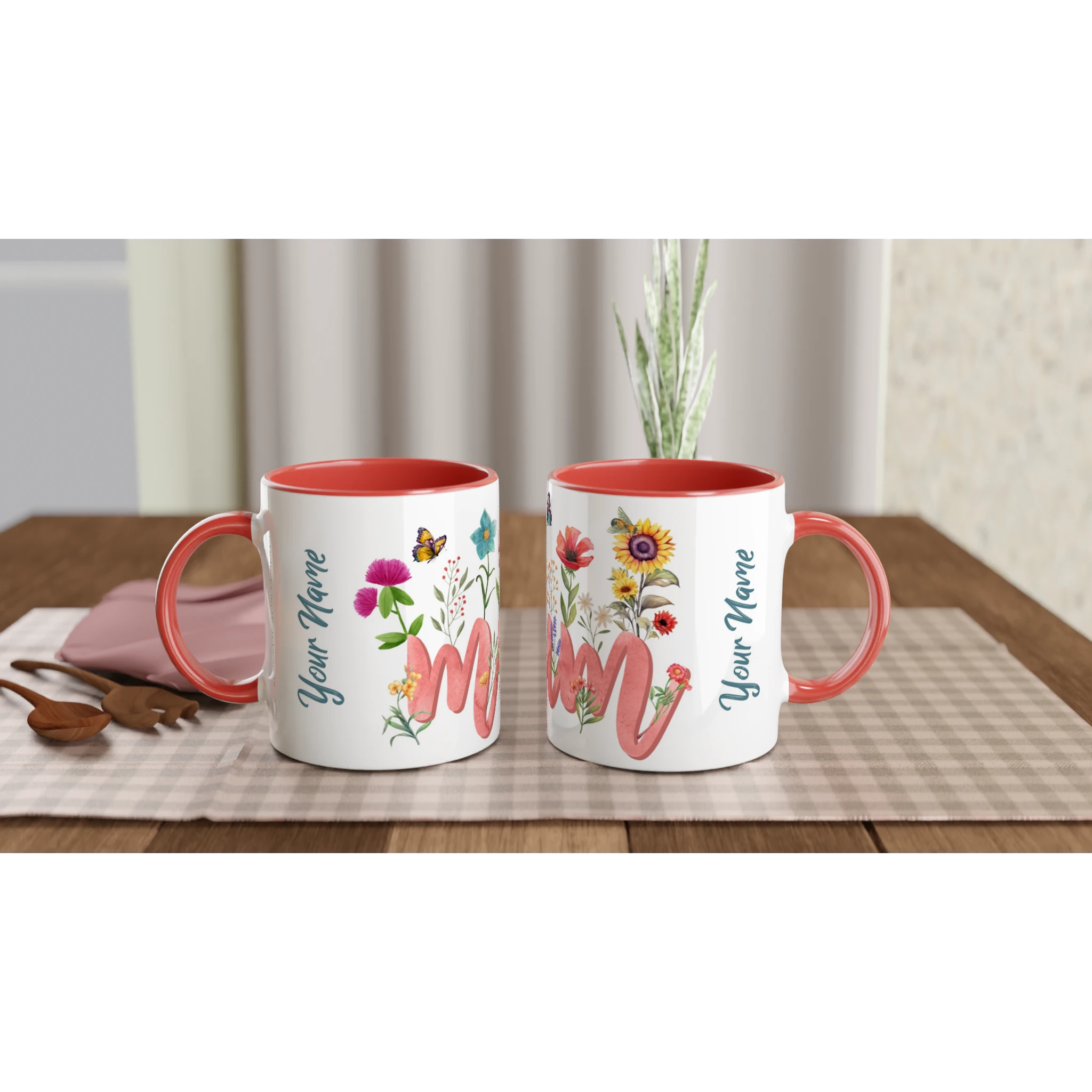 Personalised - Mum With Flowers And Butterflies - 11oz Ceramic Mug Ceramic Red Personalised 11oz Mug Globally Fulfilled Mum
