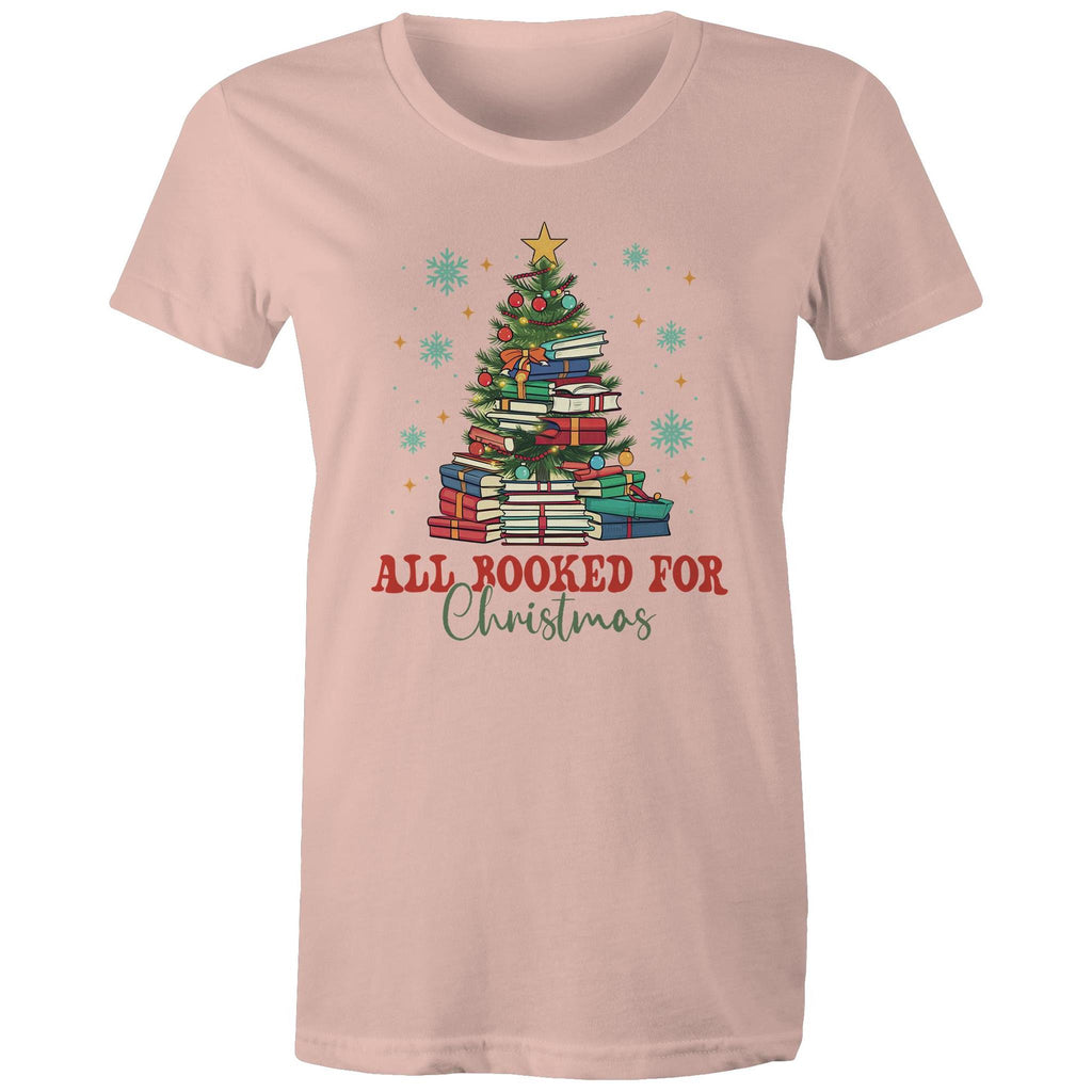 All Booked For Christmas - Womens T-shirt Pale Pink Womens Christmas T-shirt Christmas Printed In Australia