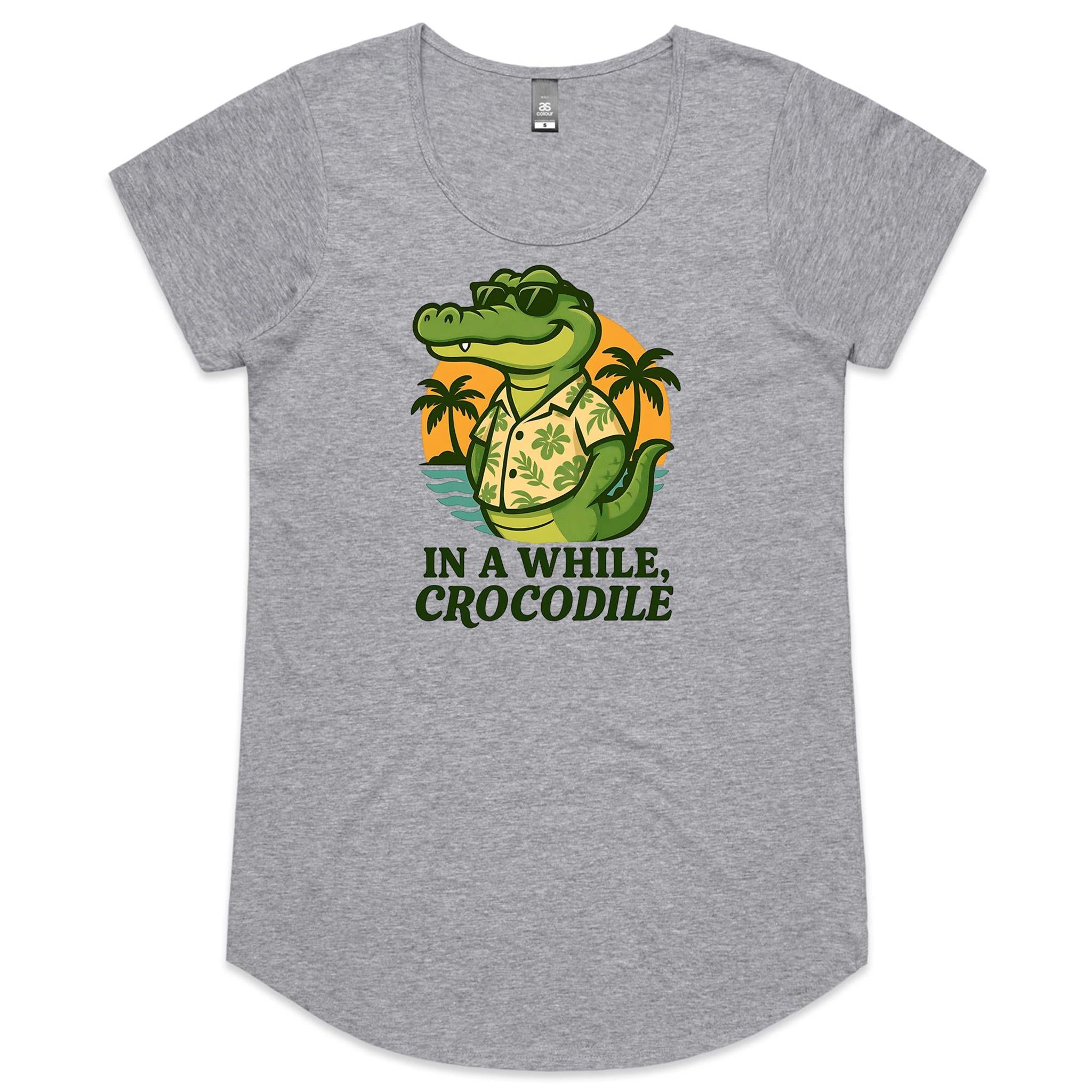 In A While, Crocodile Women's AS Colour Scoop Neck T-Shirt Grey Marle Womens Scoop Neck T-shirt animal Printed In Australia