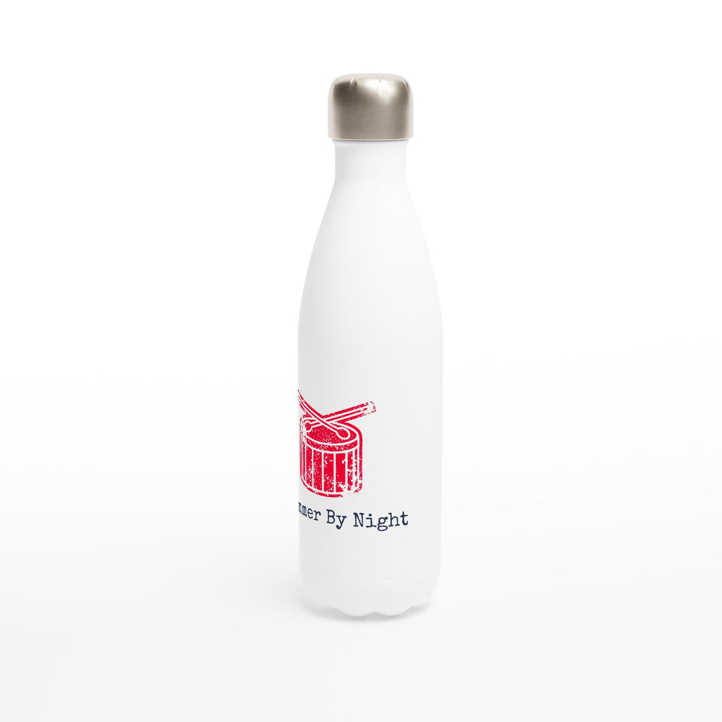 Drummer By Night - White 17oz Stainless Steel Water Bottle White Water Bottle Globally Fulfilled Music