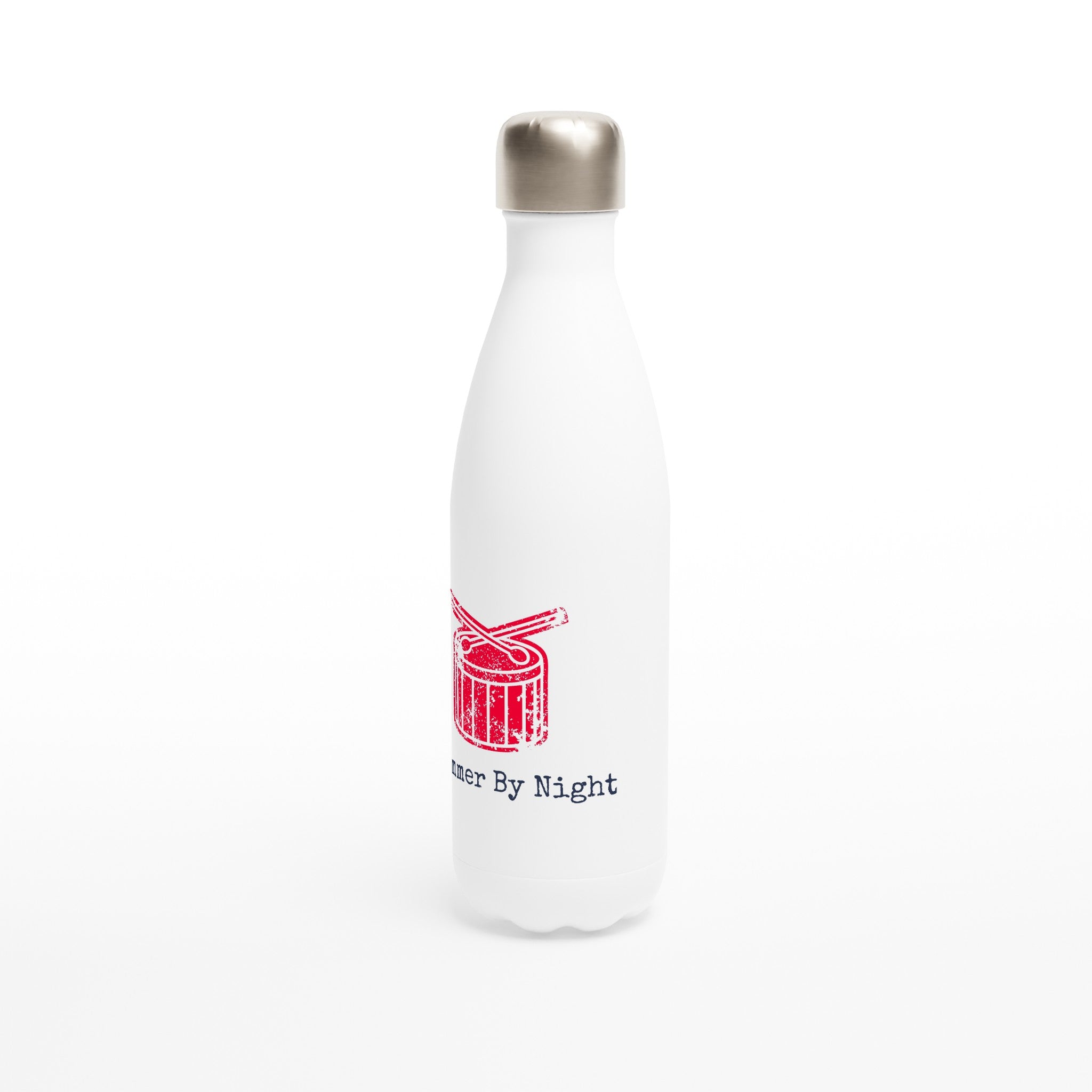Drummer By Night - White 17oz Stainless Steel Water Bottle White Water Bottle Globally Fulfilled Music