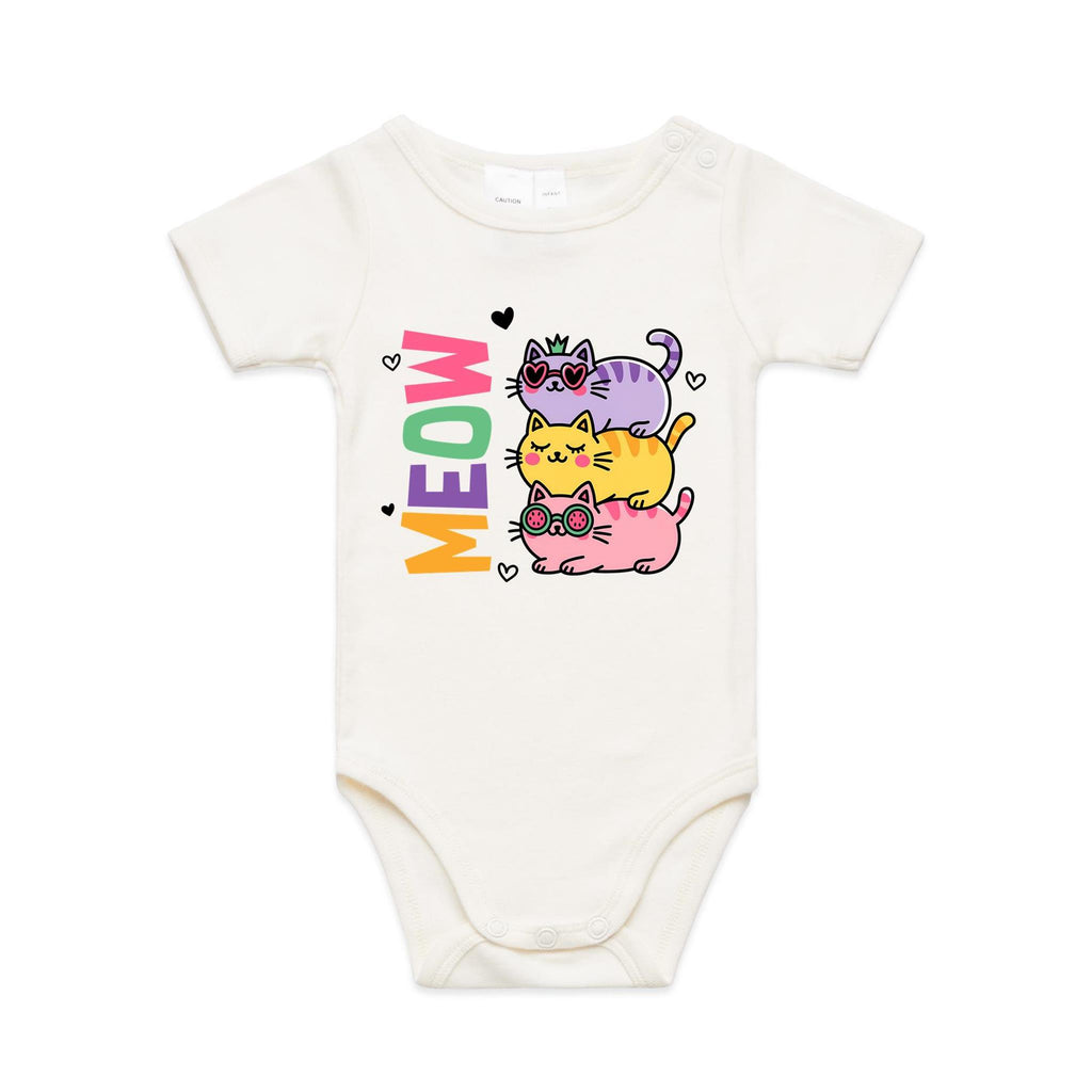 Meow, Colourful Cats AS Colour Baby Bodysuit Natural Baby Bodysuit animal Printed In Australia