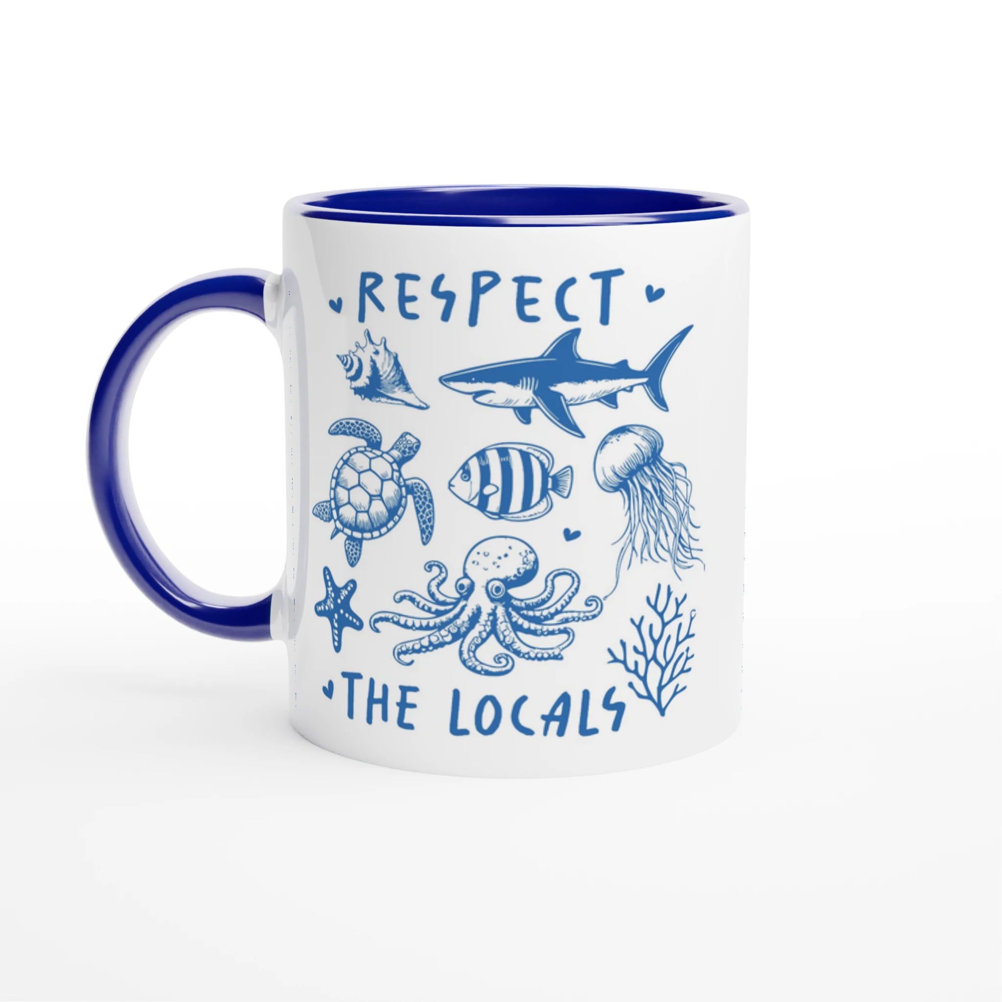 Respect The Locals, Sea Life - White 11oz Ceramic Mug with Colour Inside Ceramic Blue Colour 11oz Mug animal Globally Fulfilled Ocean