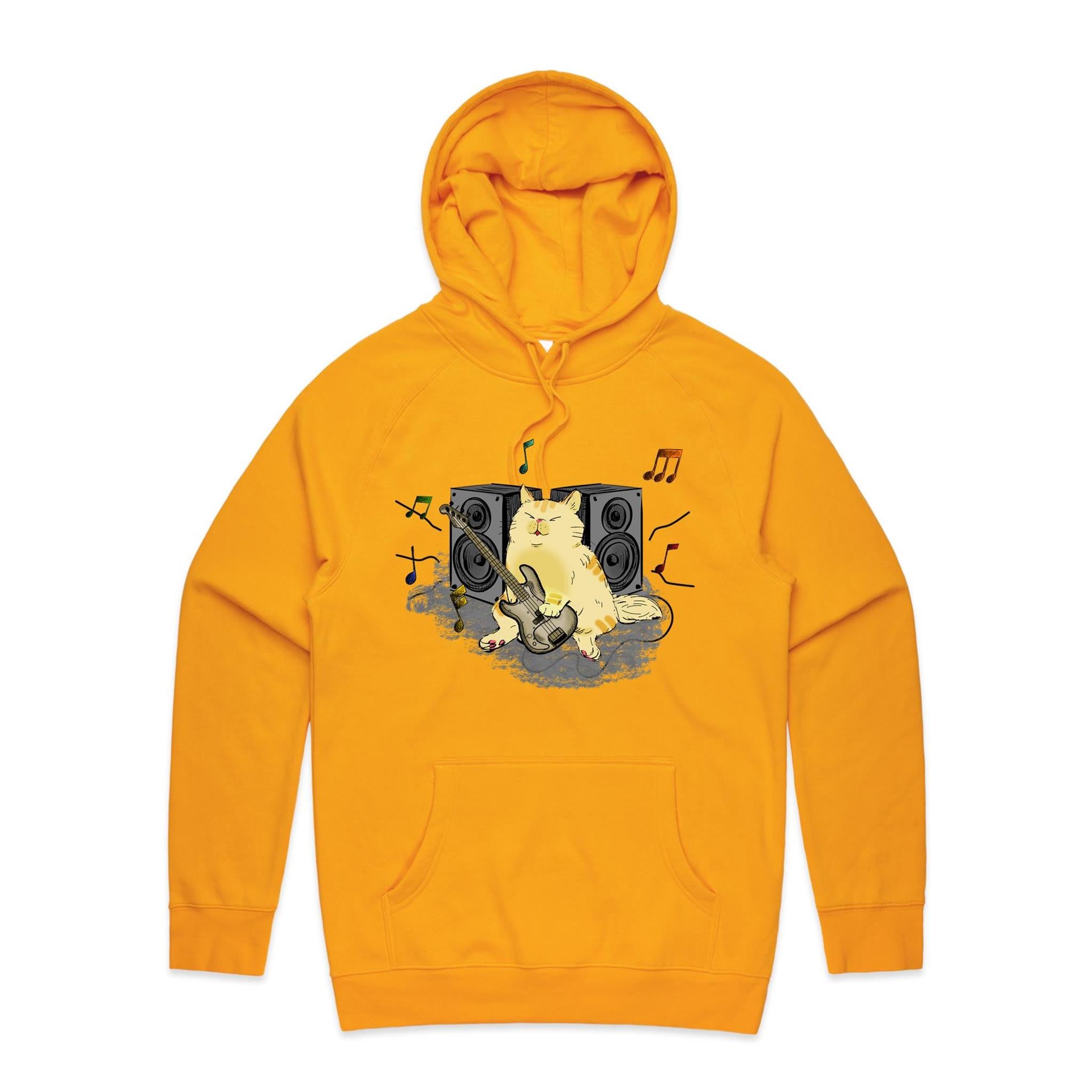 Cat Bass Player - Mens Hoodie Gold Mens Hoodie animal Music Printed In Australia