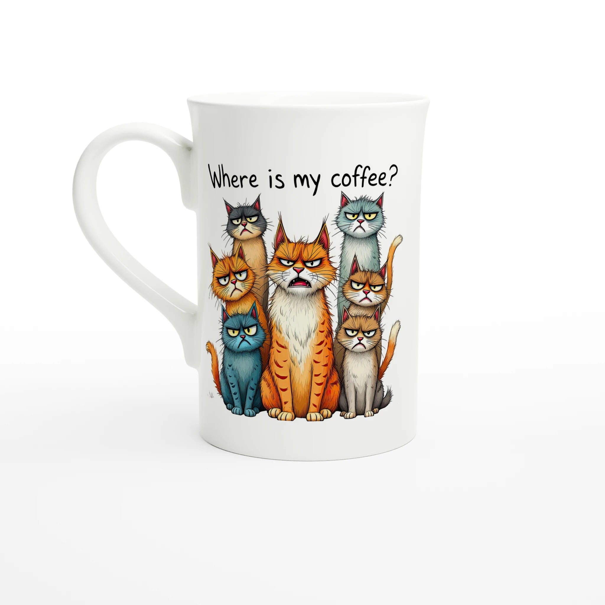 Where Is My Coffee, Cranky Cats - White 10oz Porcelain Slim Mug Default Title Porcelain Mug animal Coffee Globally Fulfilled