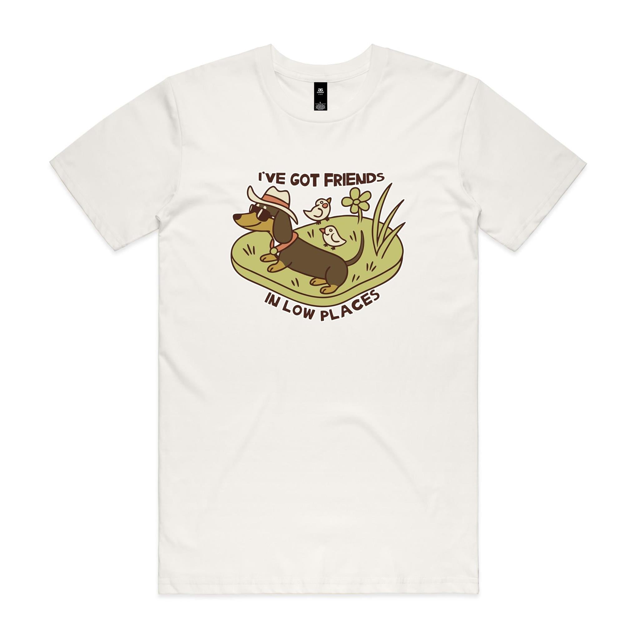 Dachshund, I've Got Friends In Low Places Men's AS Colour T-shirt Natural Mens T-shirt animal Printed In Australia