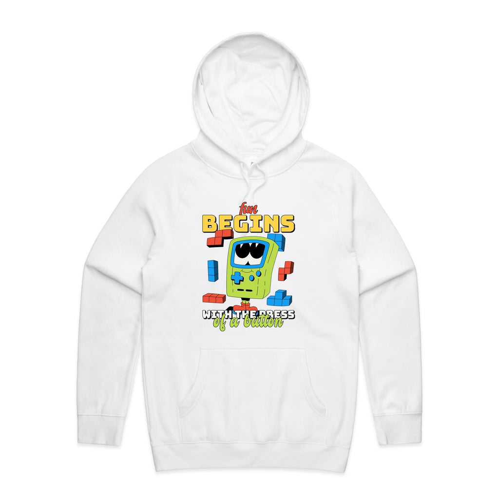 Fun Begins With The Press Of A Button, Games - Mens Hoodie White Mens Hoodie Games Printed In Australia