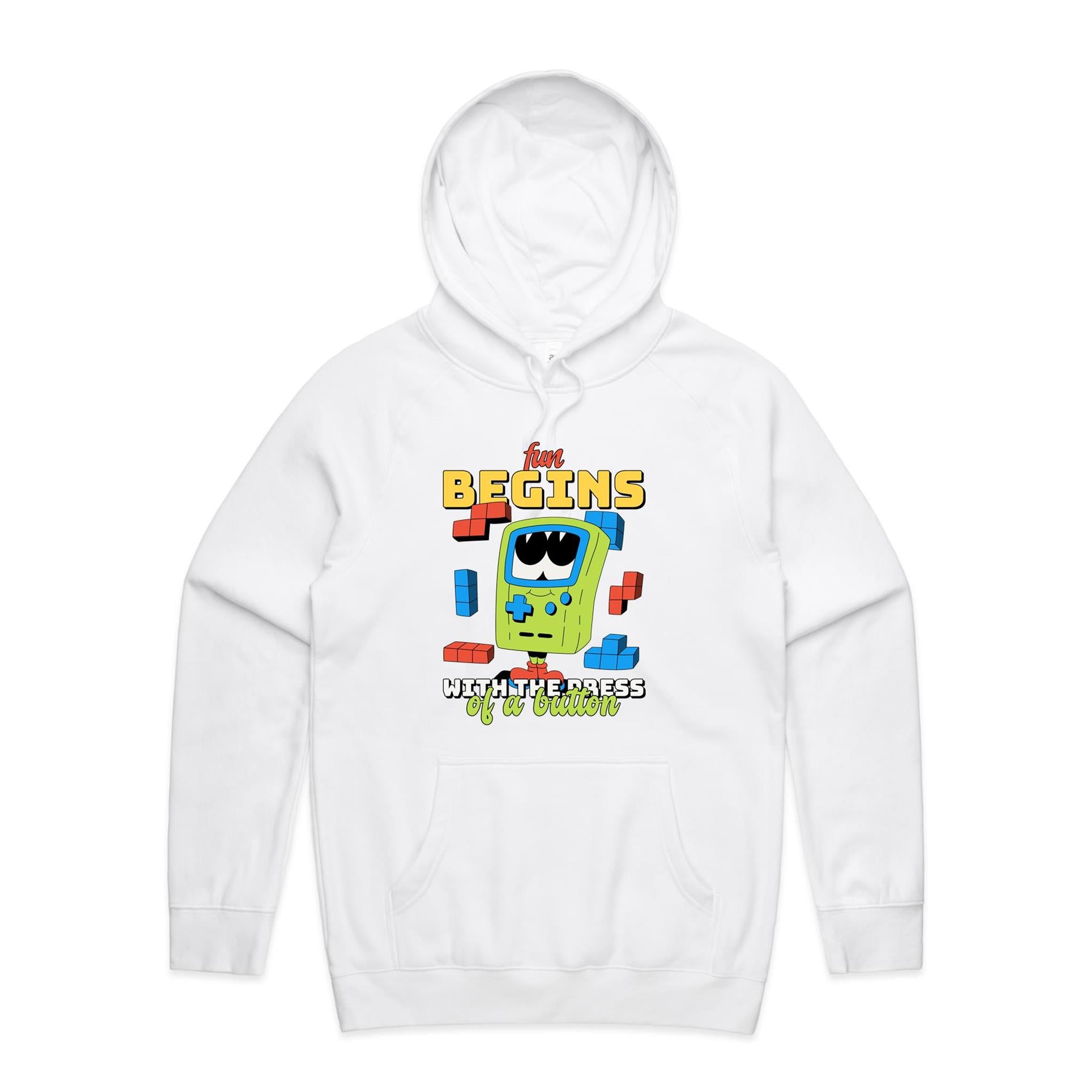 Fun Begins With The Press Of A Button, Games - Mens Hoodie White Mens Hoodie Games Printed In Australia